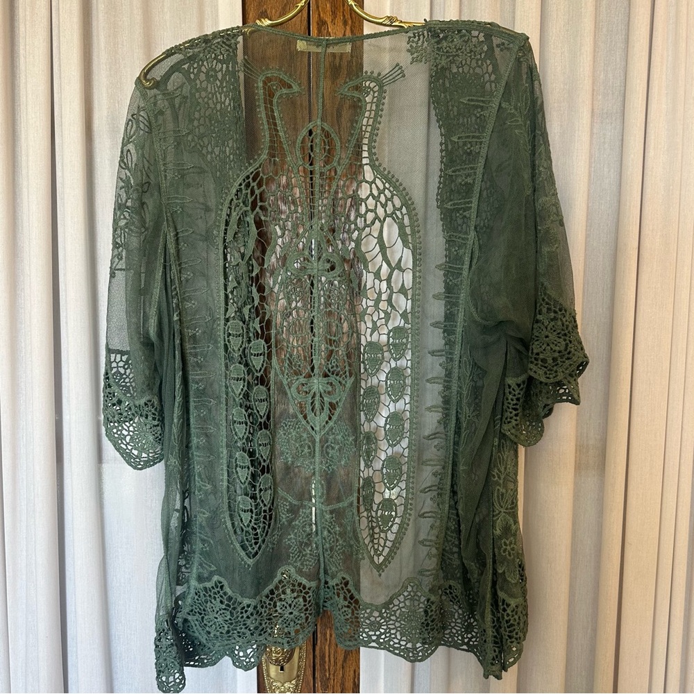 Simply Couture Sage Green Tab Sleeve Knit Lace Peacock Open Cardigan - Picture 5 of 10